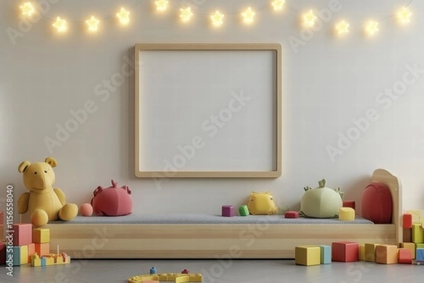 Fototapeta Blank Canvas in Child's Room with Toys and Fairy Lights