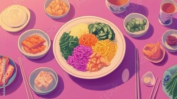 Fototapeta Colorful Array of Asian Noodles and Fresh Vegetables on Table