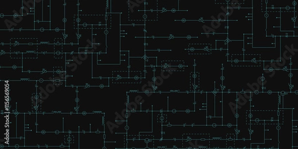 Fototapeta Electrical circuit diagram. Dark industry background with components of conductors, connections, contour, controllers, transistors