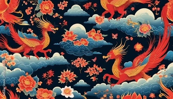 Obraz Seamless pattern featuring miniature Lunar New Year festivals: dragon dances, lantern festivals, and fireworks, all captured in a cartoon-style aesthetic