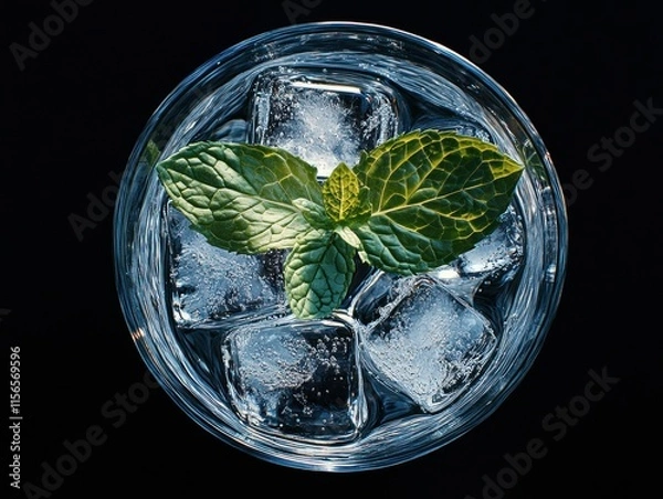 Fototapeta Top View of Glass with Ice Cubes and Fresh Mint Leaves on Dark Background