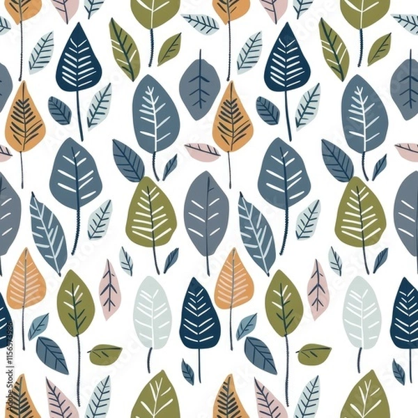 Fototapeta A colorful pattern of various leaves on a white background, suitable for fabric or wallpaper.