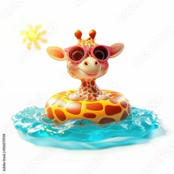 Fototapeta Cute funny giraffe enjoying a sunny day on an inflatable in a pool