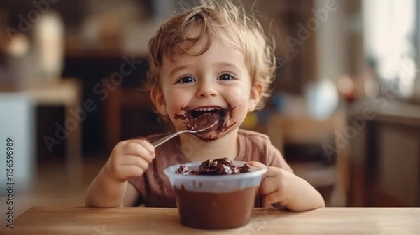Fototapeta Toddler Enjoying Chocolate Pudding