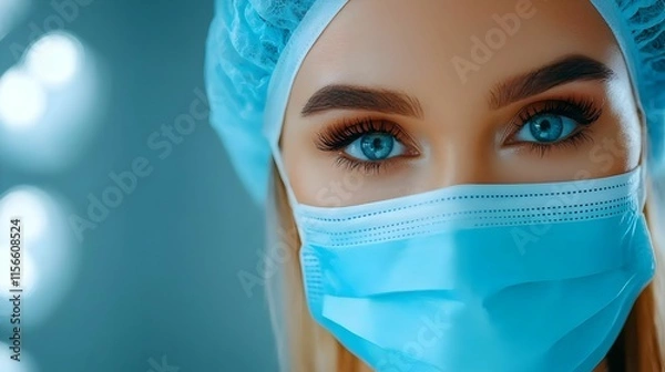 Obraz Close-Up Portrait of Woman with Protective Mask and Surgical Cap