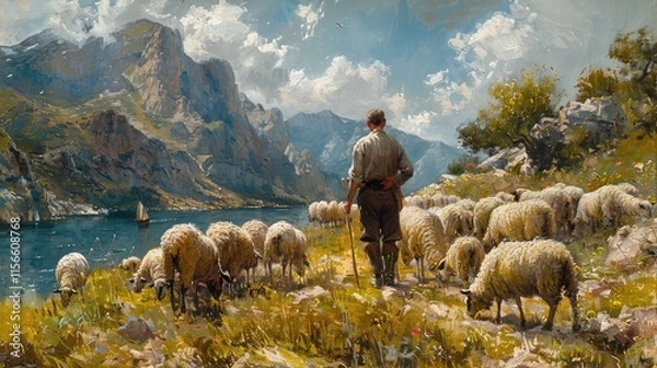 Fototapeta A shepherd tending to a flock of sheep by a serene lake surrounded by mountains.