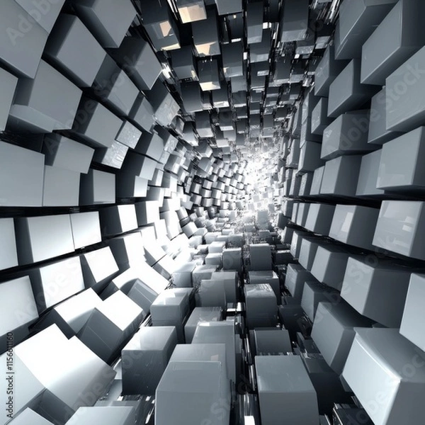 Fototapeta Abstract tunnel of grey and white cubes leading to bright light.