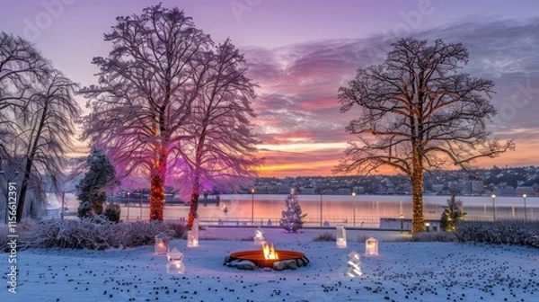Fototapeta Winter sunset scene with fire pit, snow-covered trees, and illuminated landscape.