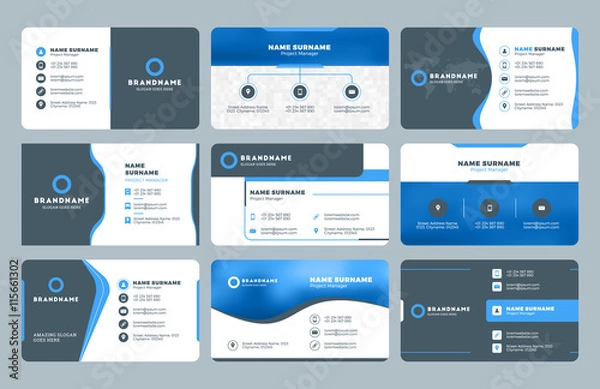 Fototapeta Set of modern business card print templates. Personal visiting card with company logo. Clean flat design. Vector illustration