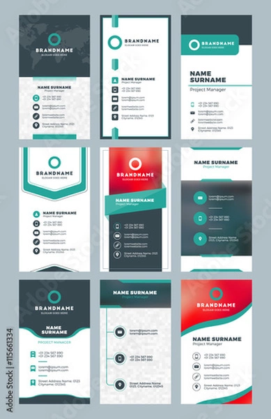 Fototapeta Set of modern vertical business card print templates. Personal visiting card with company logo. Clean flat design. Vector illustration