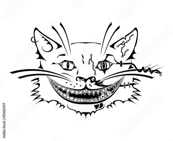 Obraz Vector illustration of Cheshire Cat in black and white. Tattoo style.