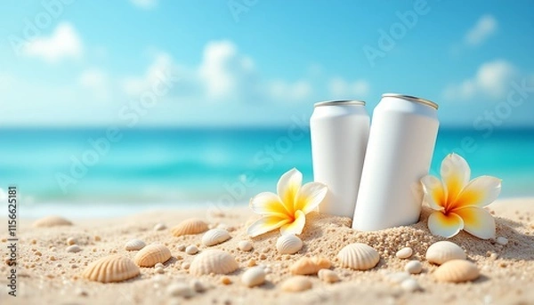 Obraz Two white drink cans mockup placed on the right on sand, surrounded by plumeria and seashells with seascape view on blue sky in summer day, product mockup design, product advertisement photography