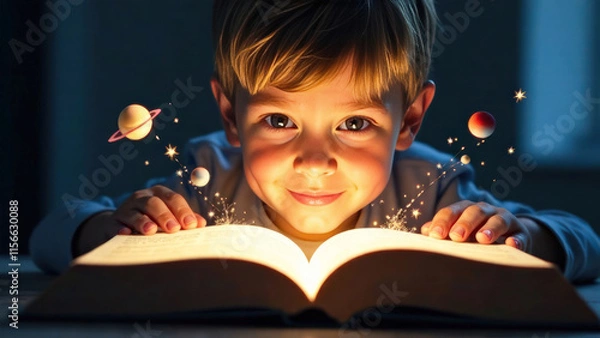 Fototapeta close up portrait of a boy reading a science fiction book about the planets and the solar system, concept science fiction day