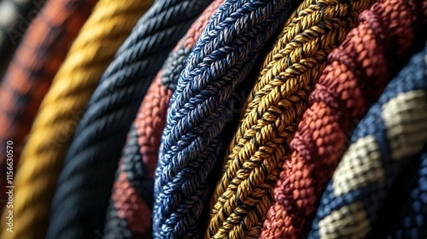 Fototapeta A close-up of braided rope reveals its intricate textures and vibrant colors, showcasing the craftsmanship, durability, and versatility of the material.