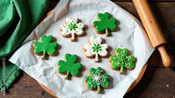 Fototapeta top view of gingerbread and shamrock-shaped cookies covered with green and white icing,on baking paper, St. Patrick's Day concept