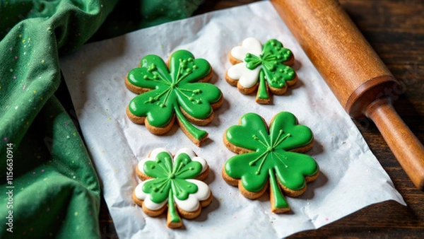 Fototapeta top view of gingerbread and shamrock-shaped cookies covered with green and white icing,on baking paper, St. Patrick's Day concept