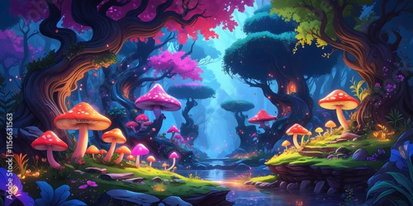 Fototapeta Exotic Forest with Strange and Beautiful mushroom. created by generative ai