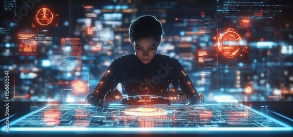 Fototapeta A futuristic scene of a person interacting with a holographic interface.