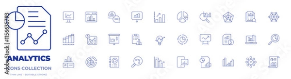 Obraz Analytics icons collection. Thin Line icons, editable stroke. analysis, analytics, bar chart, data analytics, graph, growth chart, idea, increase, pie chart, radar, statistics