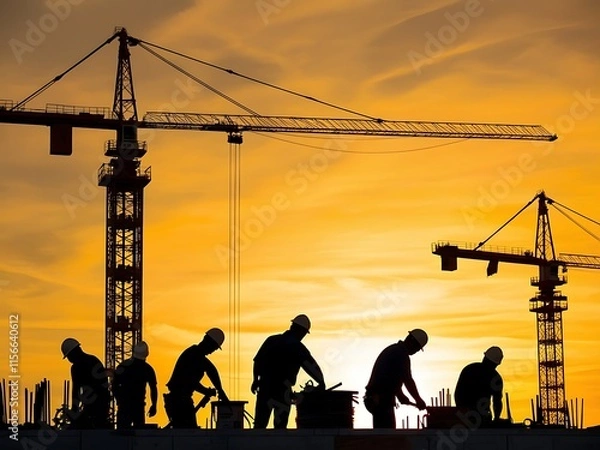 Fototapeta A construction site background with cranes and excavator working on building projects