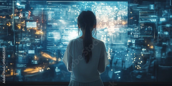 Fototapeta Exploring digital realities woman engaged with futuristic data visualization urban environment digital art perspective of insight