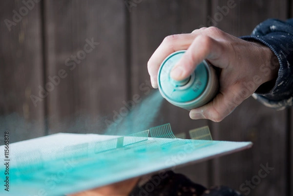 Obraz Blue Green Spray-Painted Miniature Windows for Scale Model Build