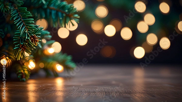 Obraz Christmas background with Christmas tree on wooden table,
Black golden and silver ornaments