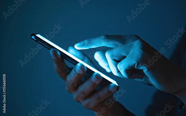 Fototapeta Close-Up of Person's Hands Holding Smartphone, Illuminated Screen Casting Soft Glow on Fingers, Dark Background with Blue Hue of Phone's Light, Person Interacting with Phone by Typing or Swiping