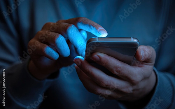 Fototapeta Close-Up of Person's Hands Holding Smartphone, Illuminated Screen Casting Soft Glow on Fingers, Dark Background with Blue Hue of Phone's Light, Person Interacting with Phone by Typing or Swiping