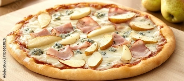 Fototapeta Delicious thin crust pizza topped with sweet pear, savory blue cheese, and ham slices for a gourmet flavor experience.