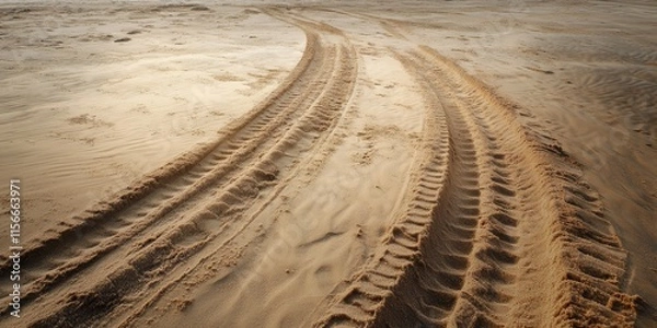 Fototapeta Tire marks on sandy terrain showcase a car track impression, highlighting the interaction between a vehicle and the soft sand on a beach. The tire car track stands out uniquely against the landscape.