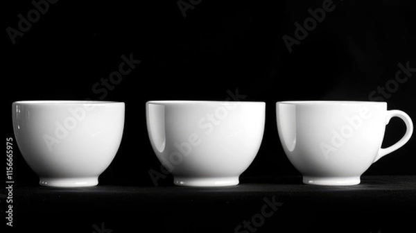 Obraz Three minimalist white coffee cups arranged separately on a sleek black backdrop showcasing simplicity and elegance in design.
