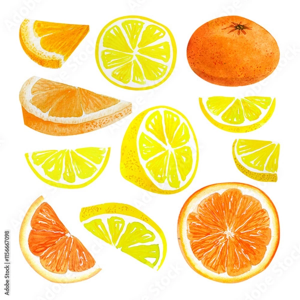 Fototapeta Watercolor citrus lemon and orange slice set isolated