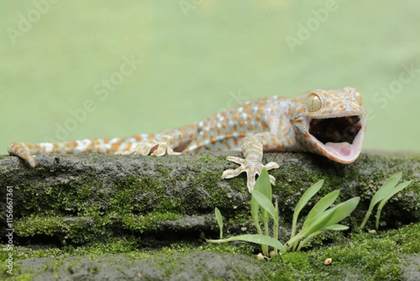 Fototapeta A tokay gecko is basking on moss-covered ground. This reptile has the scientific name Gekko gecko.