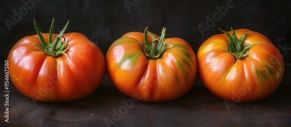 Fototapeta Fresh organic tomatoes with rich colors display appealing textures in a garden setting showcasing their natural ripeness and edibility.