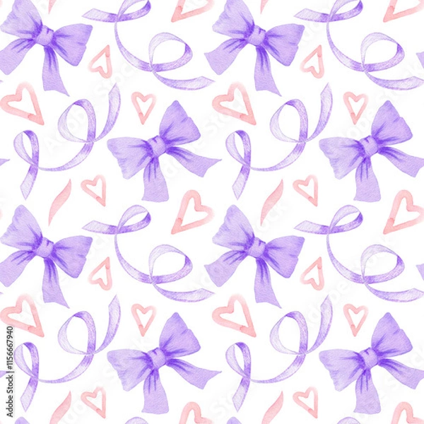 Fototapeta Watercolor lavender bow and ribbon hand painted seamless pattern