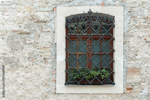 Fototapeta Window of an old mansion with green plant on it as a decoration