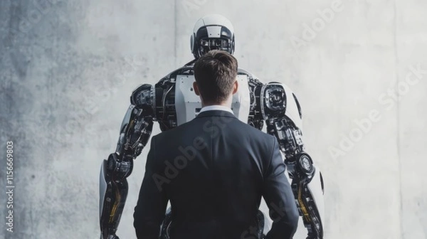 Fototapeta Businessman standing back to back with robot 