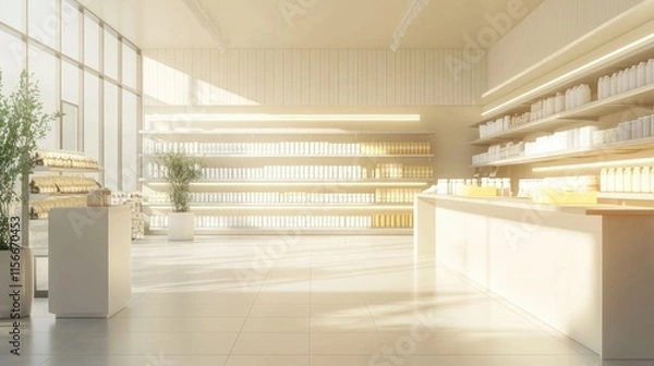 Fototapeta A minimalist supermarket dairy section with neatly aligned milk cartons, cheese, and yogurt in a well-lit, clean environment.