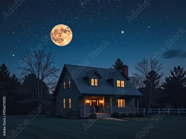 Obraz Peaceful Suburban Home at Night Full Moon Stars