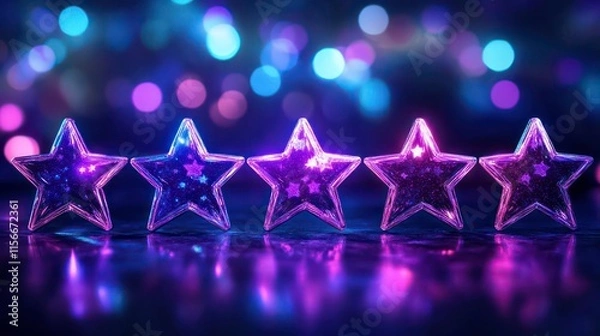 Fototapeta Five illuminated stars on reflective surface with bokeh background.