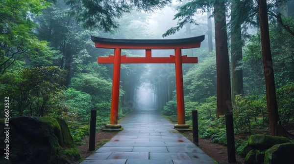 Obraz Torii gate in a misty forest pathway