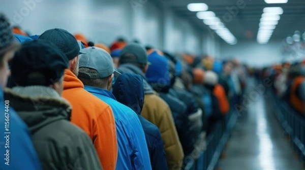 Obraz Crowd of people in colorful jackets lining up in a large indoor space.