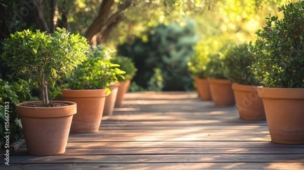 Fototapeta Lined terracotta pots with lush greenery on wooden floor creating a serene garden pathway ambiance under soft natural lighting
