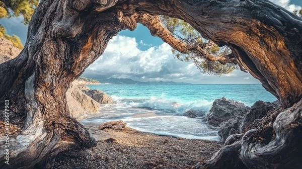 Fototapeta Tree trunks framing a serene beach view with turquoise waters and lush greenery under a bright sky