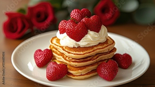 Fototapeta A delicious stack of fluffy pancakes topped with whipped cream and fresh strawberries, surrounded by elegant red roses.