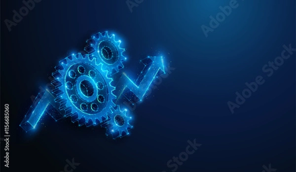 Fototapeta Abstract illustration of low poly gears over arrow up symbol. Geometric background depicting engineering development and manufacturing industry market growth financial concept by wireframe mesh