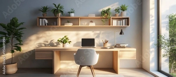 Obraz Modern Home Office with Wooden Desk, White Chair, A simple