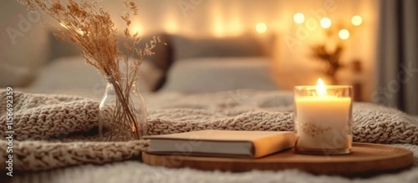Fototapeta Cozy Bedroom Scene with Lit Candle, Books, and A comfortable home