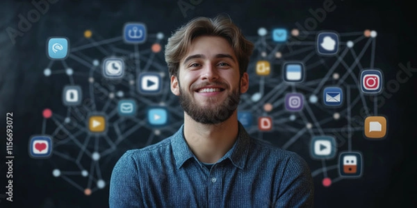 Obraz Engaging digital communication strategies online platforms infographic modern workspace eye-level perspective social media networking